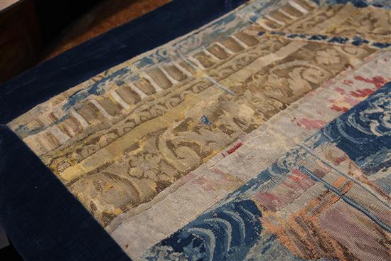 A 17th century tapestry fragment, W.3ft 4in. H.4ft 9in.